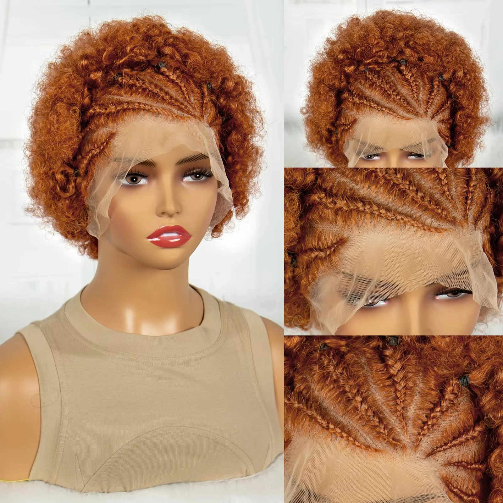 250% Density Human Hair Braids Afro Kinky Curly Bouncy Human Hair Wig 13x4 Transparent Lace Frontal Hair Wig for Black Women 8"