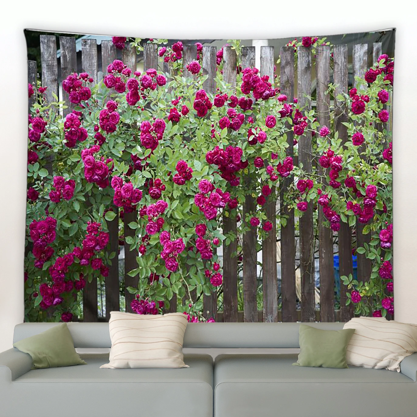 Fence Pink Flowers Tapestry Vintage Window Flower Arch Garden Park Nature Plant Wall Hanging Modern Home Living Room Patio Decor