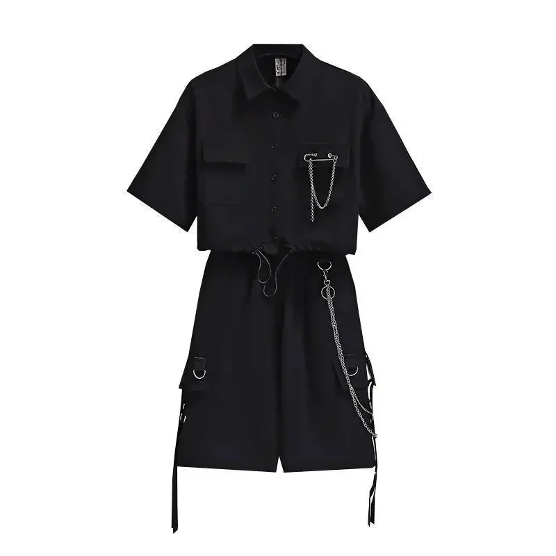 

Summer Girls' Clothes Suits Black Casual Short Shirt + Overalls + Tie 3pcs Girl Set Teens Children Clothing Suits School Outfit