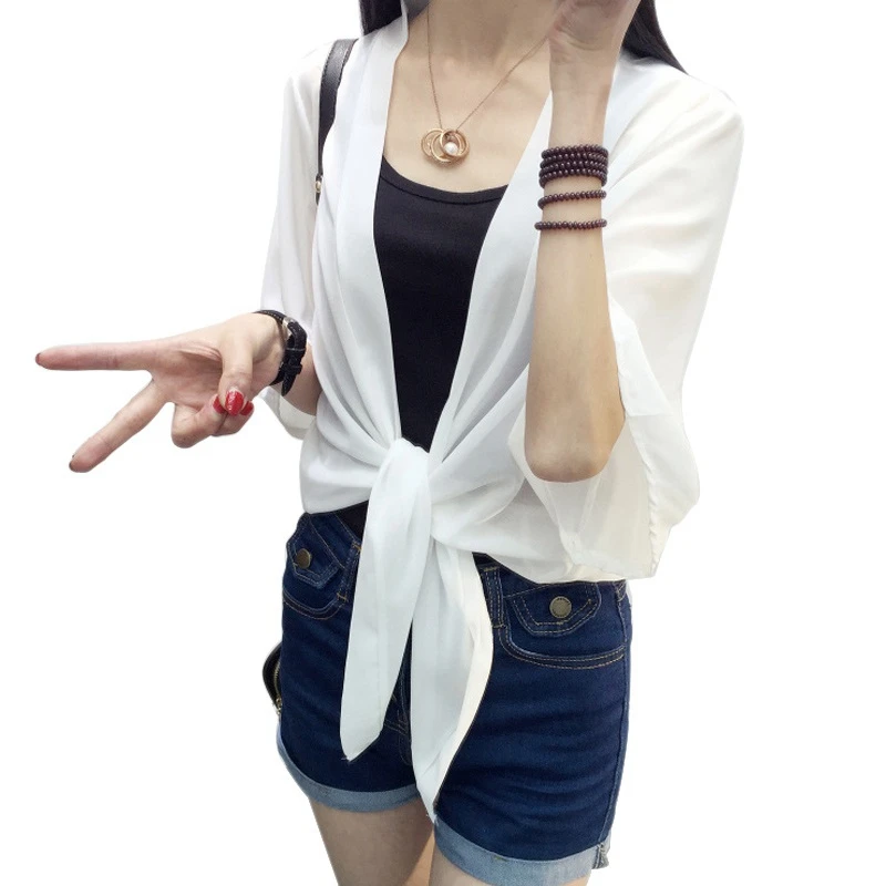 

Summer Women Short Shawl Loose Strappy Chiffon Kimono Top Blouse