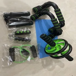 Fitness 7 - Piece Home Workout Set with Skipping Rope, Grip Strengthener, Push - Up Bars, Abdominal Wheel, and More (Green)