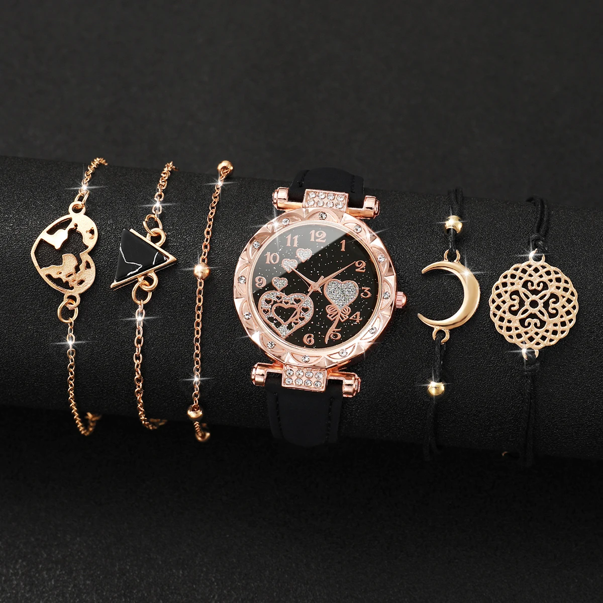 6PCs/Set Women's Fashion Watch Round Multi heart Dial Leather Strap Quartz Watch with Black Triangle Bracelet