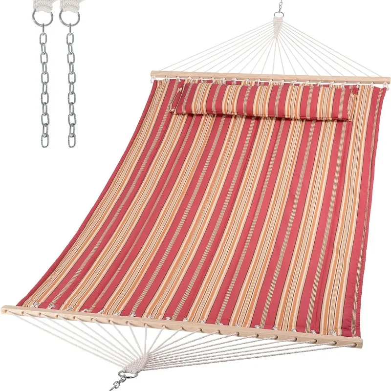 Double Hammock Quilted Fabric Swing with Spreader Bar, Detachable Pillow, 55” x79” Large Hammock
