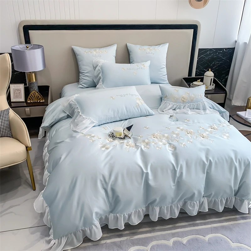 Waliicorners Lace Edge Quilt Duvet Cover Set Bed Linen Pillow Shams 1200TC Egyptian Cotton Silvery Flowers Embroidery Princess Bedding Set 20 S8b4eb6d39eeb4d8dbaf4ecf0ec6cd6f0s