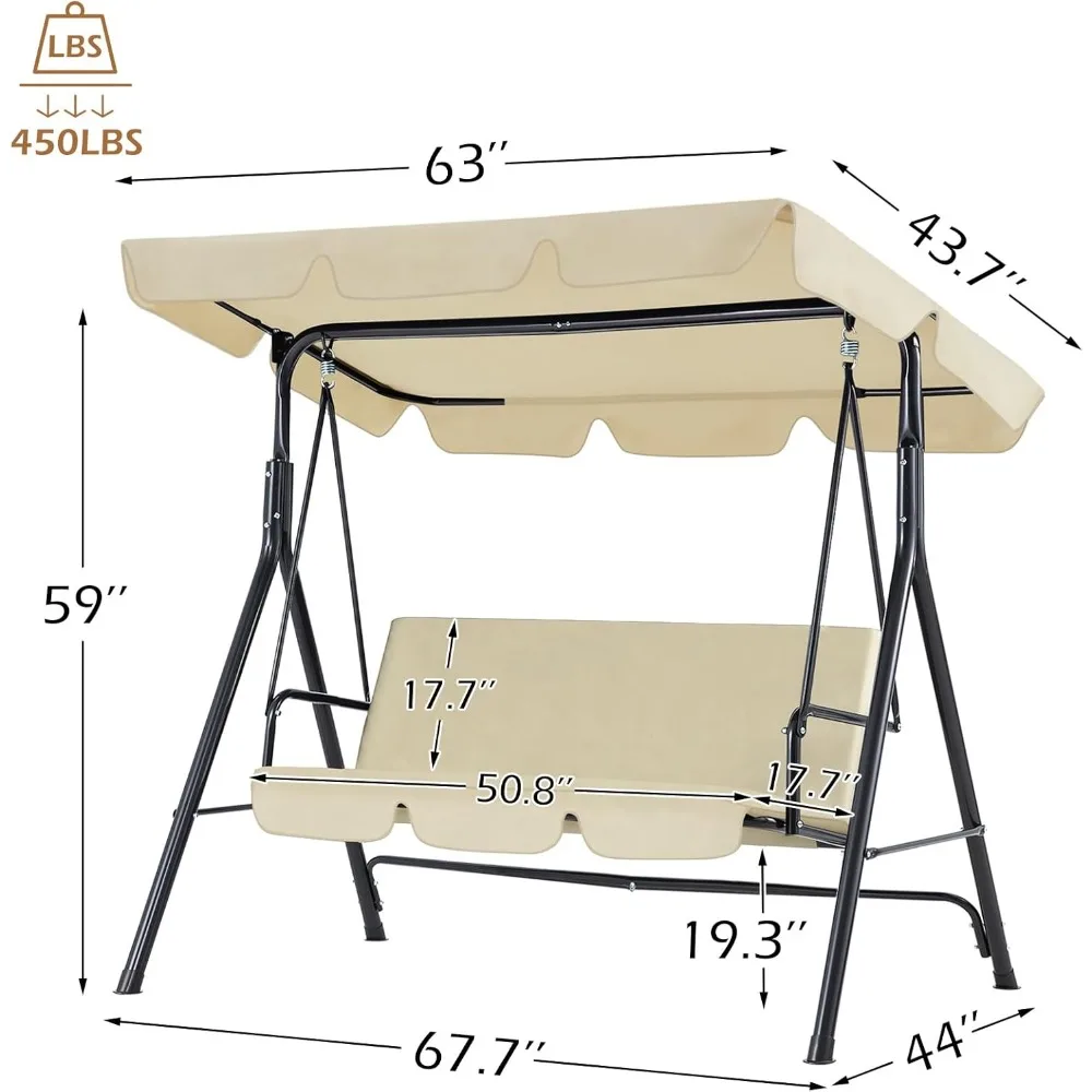 Outdoor Patio Swing Chair for Adults, 3-Seat Porch Swings with Adjustable Canopy, Outdoor Swing Bench with Removable Cushion 5