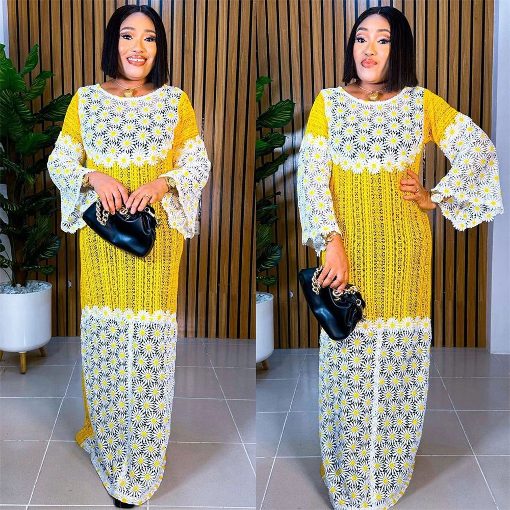 

Plus Size 4XL African Flower Lace Dresses for Women 2024 New Elegant Muslim Fashion Abayas Dashiki Robe Kaftan Long Maxi Dress