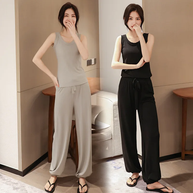 

Костюмы для отдыха, Новинка лета 2023, костюмы для отдыха из вискозы, жилет с круглым воротником и брюки с закрытым носком, модные костюмы из двух предметов