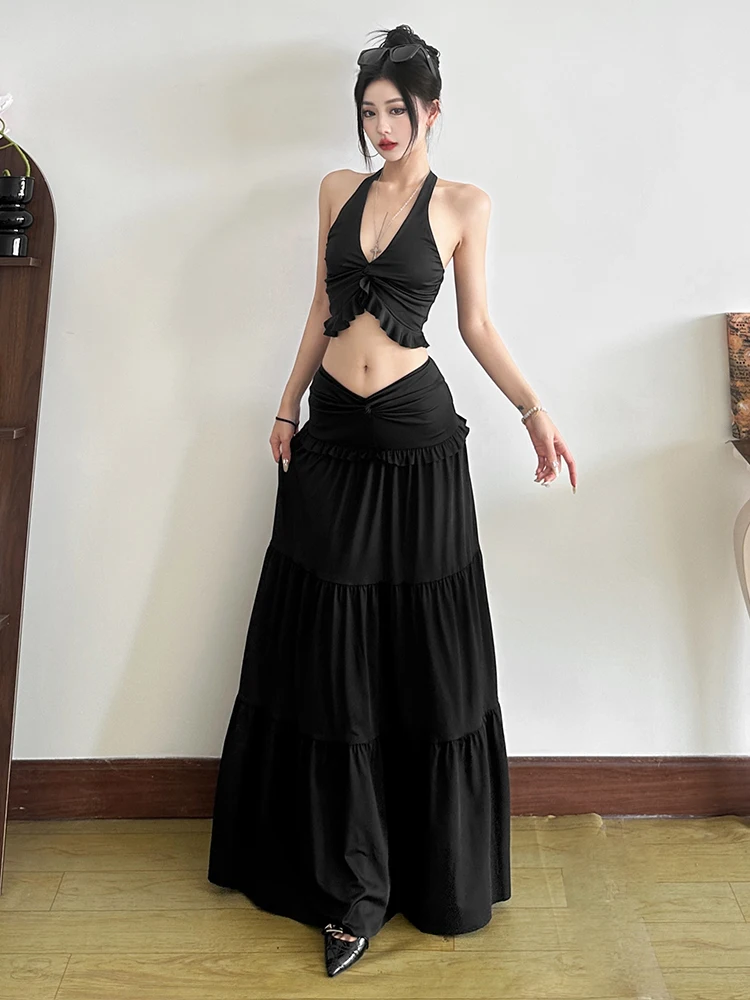 Nibber Vacation 2 Piece Set Women Halter Backless Crop Camisole+Elastic Waist Ruffles Long Skirts Ruched Elegant Street Suits