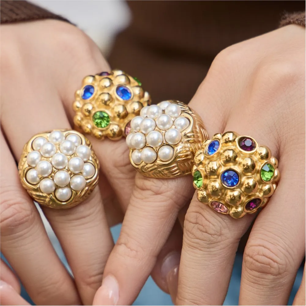 Elegant Gold-Plated Stainless Steel Ring with Sparkling Stone Accent and Imitation Pearl