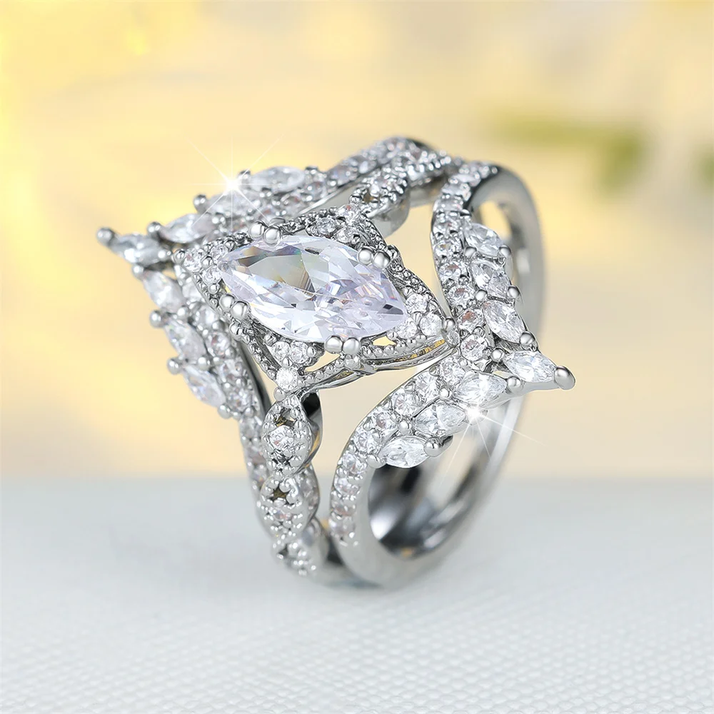 Luxury Crystal Marquise Stone Ring Sets For Women Vintage Silver Color Engagement Rings Wedding Jewelry Bridal Set Birthday Gift