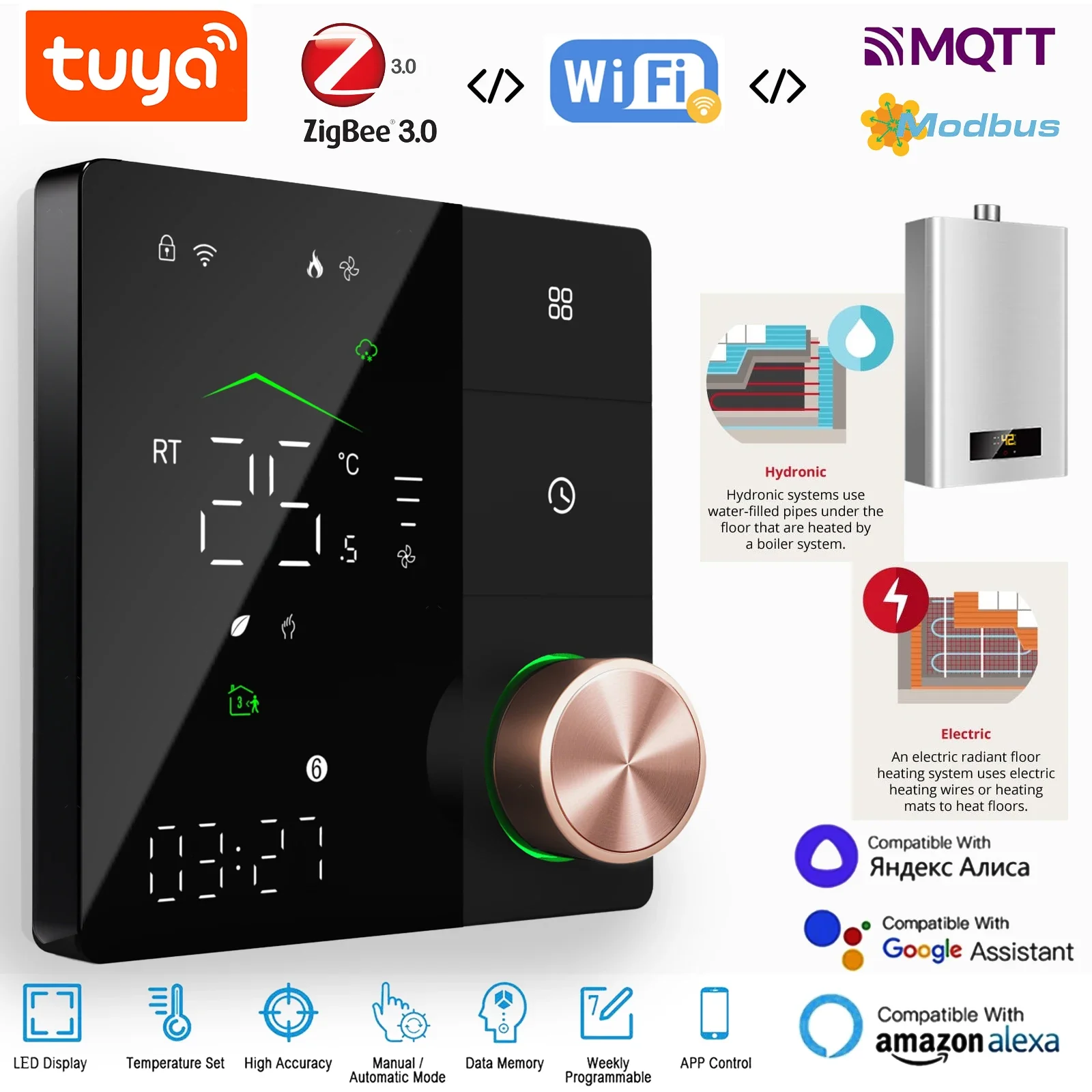 Tuya Zigbee&Wifi&Modbus Smart Thermostat for Gas Boiler/Electric Floor Heating/Radiator TRV | Voice Control with Alexa Google