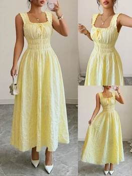 [Vacation Essential] Yellow Smocked Midi Dress, Chic Beach Party Date Night Dress 1