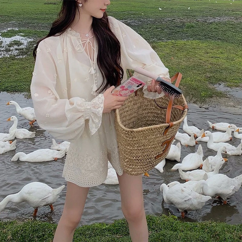 

Women's Top Shorts Two Pieces Set Elegant Fairy Travel Casual Outfit Embroidered Tops Pastoral Suit Lazy Style Spring Summer