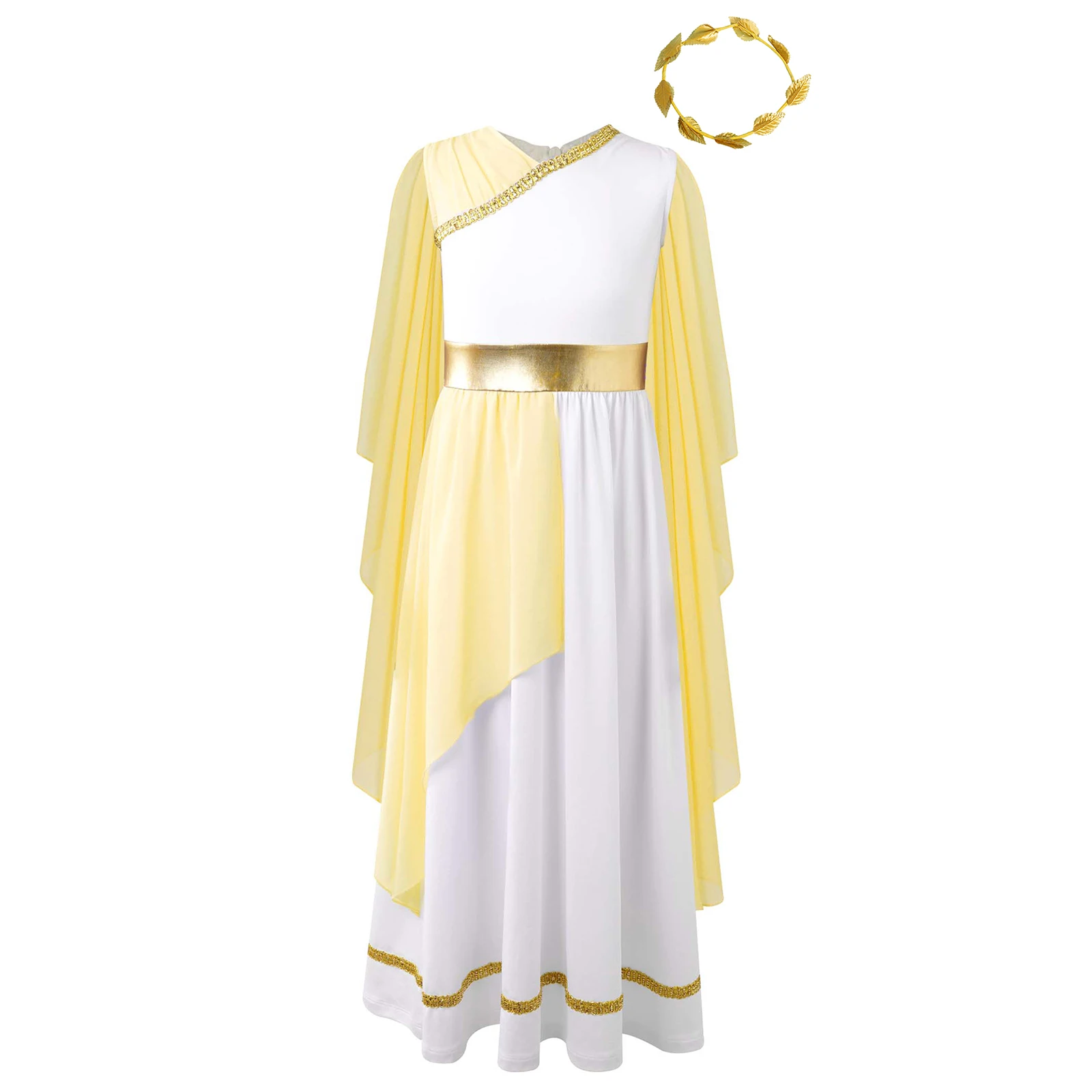 Kids Girls Halloween Ancient Greek Costume Chiffon Cap Sleeve Color Patchwork Gold Belt Dress with Gold Leaves Garland Head Wear 4