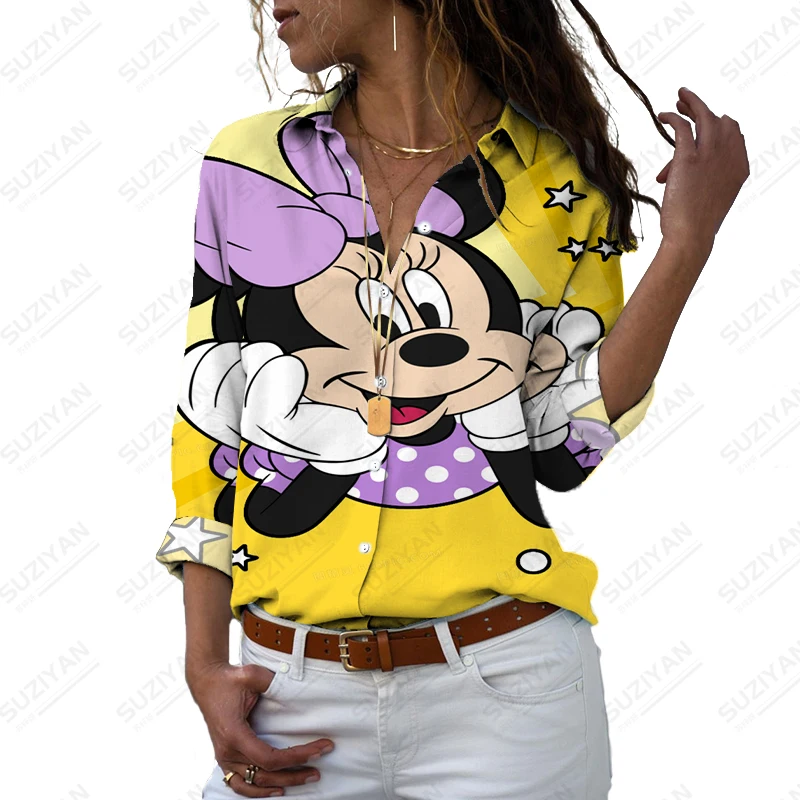 

Casual Work Wear Blouses Women'S Fashion Print Long Sleeve Womens Disney Mickey Minnie And Blouses Elegant Fashion Temperament