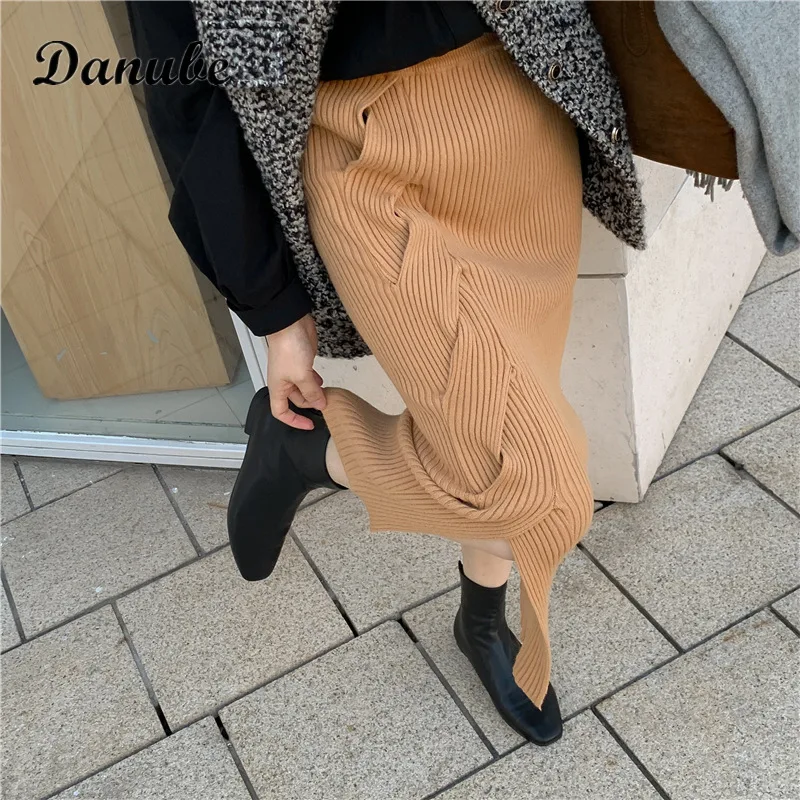 

Vintage Ribbed Knitted Pencil Skirts Women New Autumn Korean Elegant Slim High Waist Slit Straight Long Skirt Faldas Femme Jupes