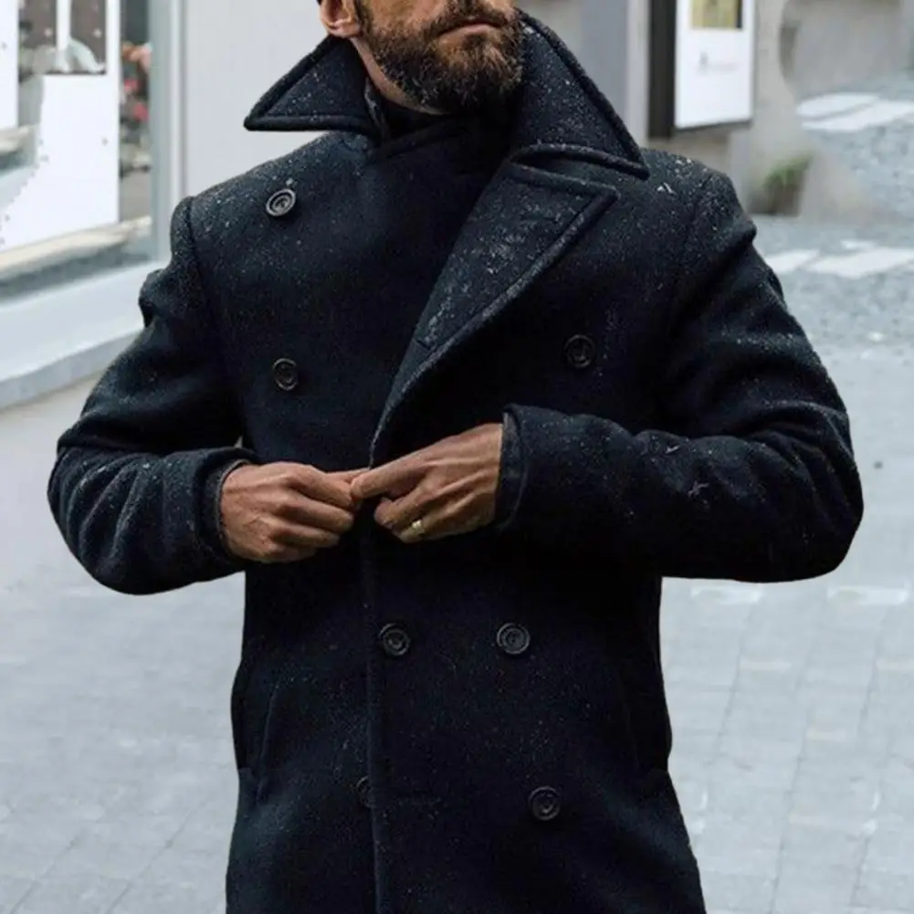 Thickened Men Coat British Style Windproof Men's Trench Coat Double-breasted Solid Color Buttons Lapel Thick Long Sleeve Mid