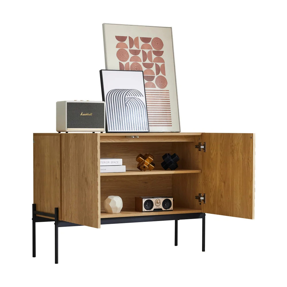 PINGGO Sideboard mit 2 Türen, Metallbeinen, Buffet-Kommode, Liniendesign, Maße H75cm B100cm T40cm, Wohnzimmer-Aufbewahrungsmöbel – Detail 15