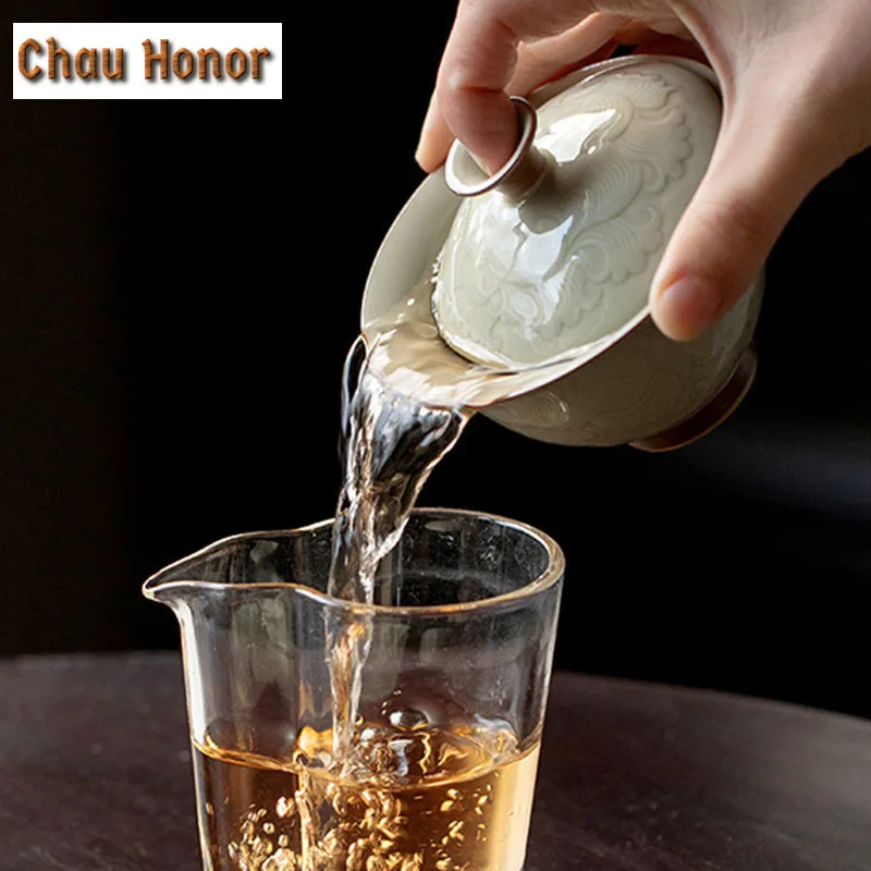 130ml Retro Honey Glaze Ceramic Tea Tureen Embossed Peony Art Tea Maker Boutique Gaiwan Household Kung Fu Tea Tools Accessories