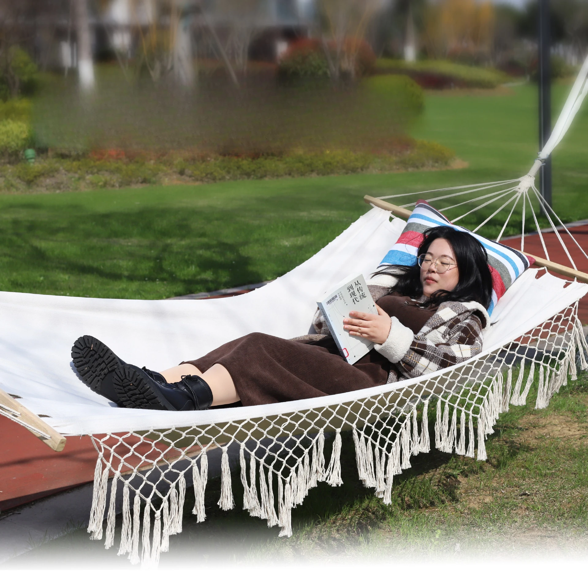 Tassel Hammock Outdoor Anti-rolled-up Canvas Swing Camping Tour Single Stick Portable Hanging Chair Swing Chair Outdoor