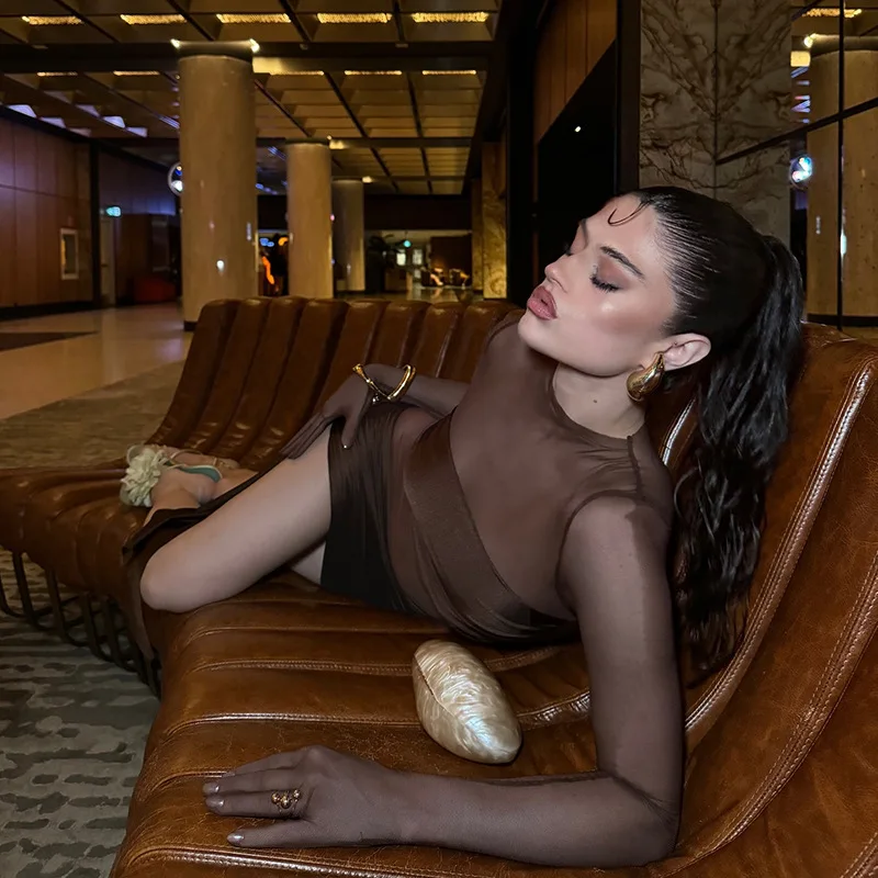 Mesh Hollow Out Sexy Mini Dress For Women See-Through High Waist Pleated Slim Bandage Gown Dress Female Y2k Mini Dress New