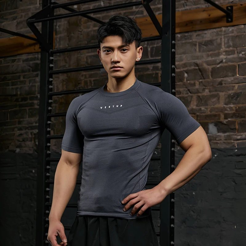 Vest Up American Slim-Fit Seamless Fitness Short Sleeve Men's Textured Short Sleeve High Elastic Anti-Wrinkle Men's T-Shirt