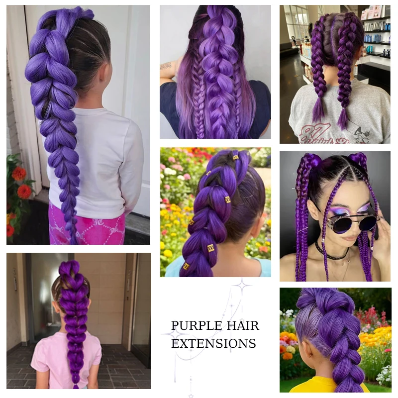 3Pcs 30inch Long Purple Hair Extensions Wig for Kids Braiding Pre Stretched Straight EZ Braids for Kids Chritmas Party Costume