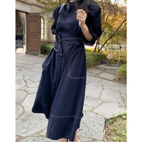 REALEFT Spring Autumn Single Breasted Women's Shirt Dresses Sashes 2024 New Stand Collar Korean Casual Straight Dress Female - Image 2