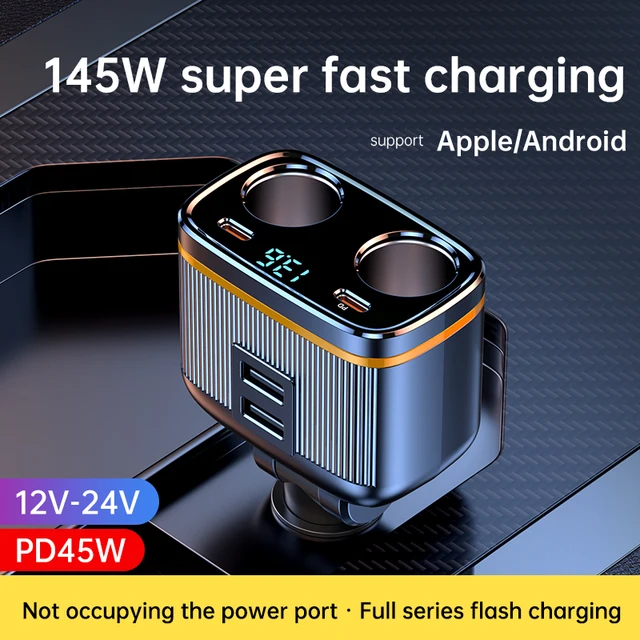 6-in-1 Cigarette Lighter Splitter – 145W USB-C Car Charger, 4-Port PD30W Adapter with Voltage Display for All Car Devices 1
