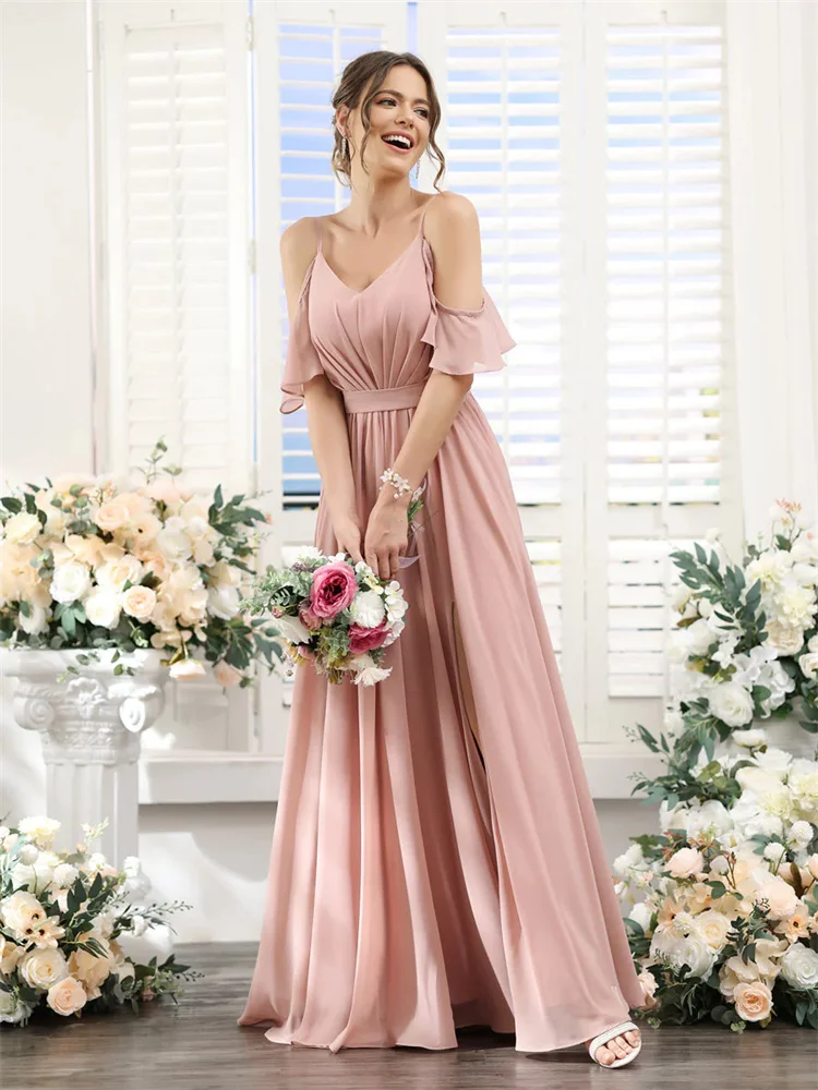 

A-Line Spaghetti Straps Split Side Ruched Floor-Length Chiffon Bridesmaid Dresses Elegant Slit Back Zipper For Wedding Guests