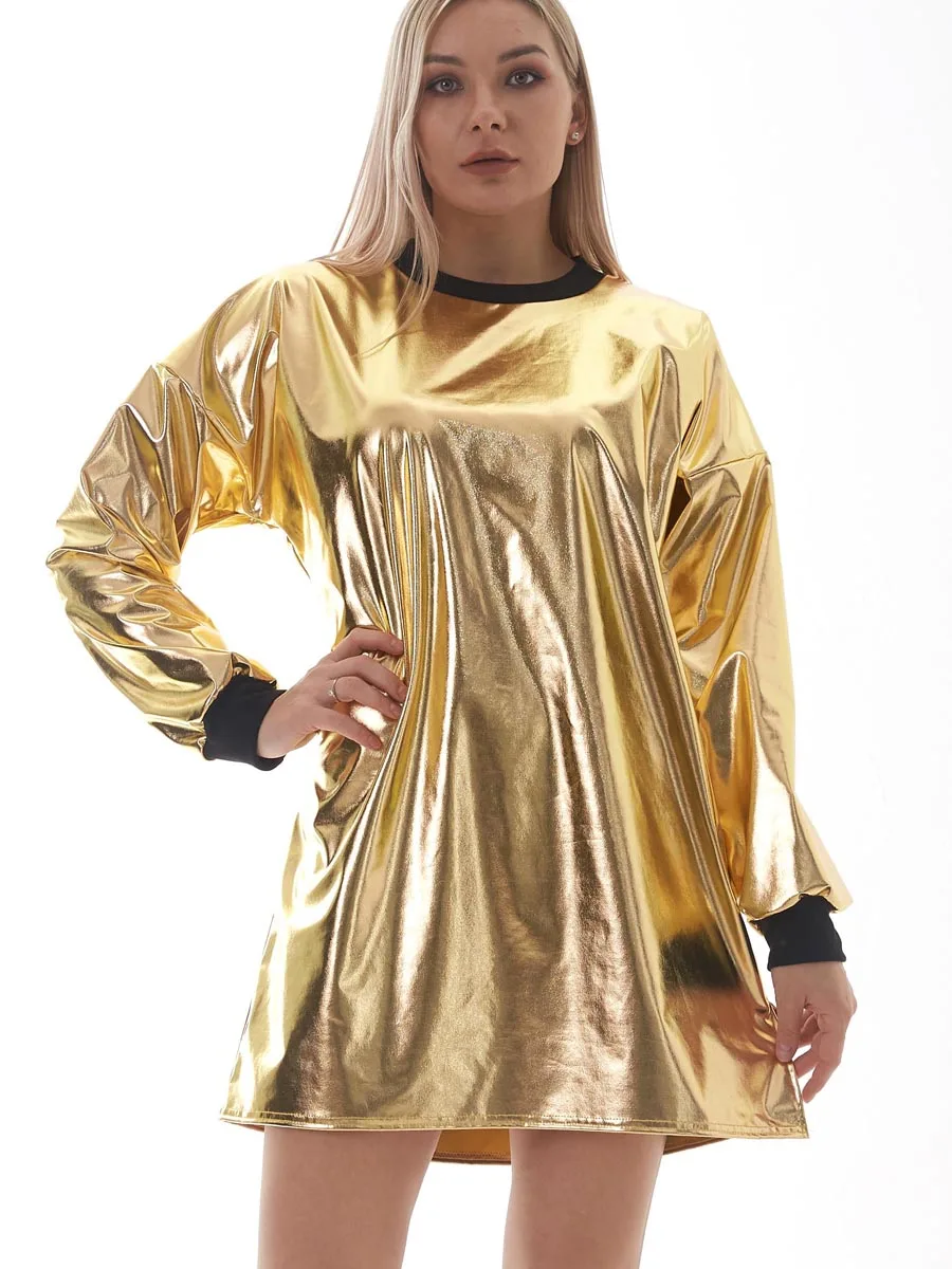FYMNSI Vrouwen Lyric Lof Dansjurk Gouden Metallic V-hals Lange Mouw
