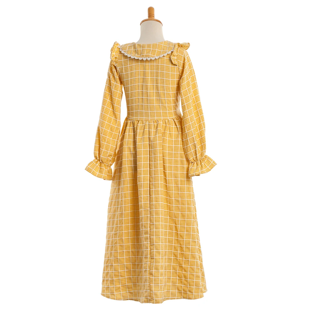 Girls Vintage Brown Green Yellow Plaid Cotton Casual Dress Children Daily Causal Lolita Dress Historical Costume for Little Girl