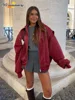Fashion Patchwork Lapel Long Sleeve Coats Vintage Red Zipper Leather Jacket For Women 2024 Autumn Winter Female Casual Outerwear 1