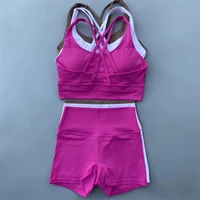 Ensemble de Yoga pour vélo de gymnastique, couleur unie, Legging court + soutien-gorge de sport croisé, survêtement athlétique pour femmes, entraînement complet, Jogging 1