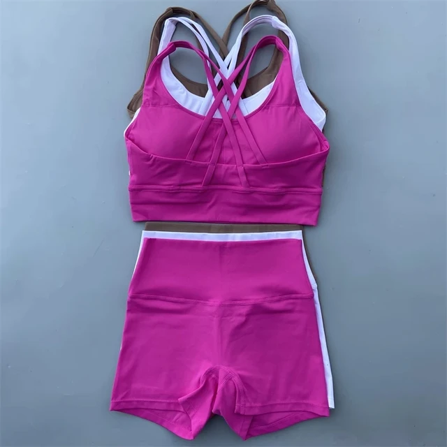 Ensemble de Yoga pour vélo de gymnastique, couleur unie, Legging court + soutien-gorge de sport croisé, survêtement athlétique pour femmes, entraînement complet, Jogging 1