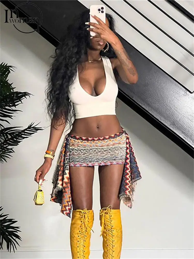 

Inwoman Colours Striated Sexy Mini Skirt Party Club Outifit For Women Autumn Streetwear High Waist Short Skirt Villus Body Skirt