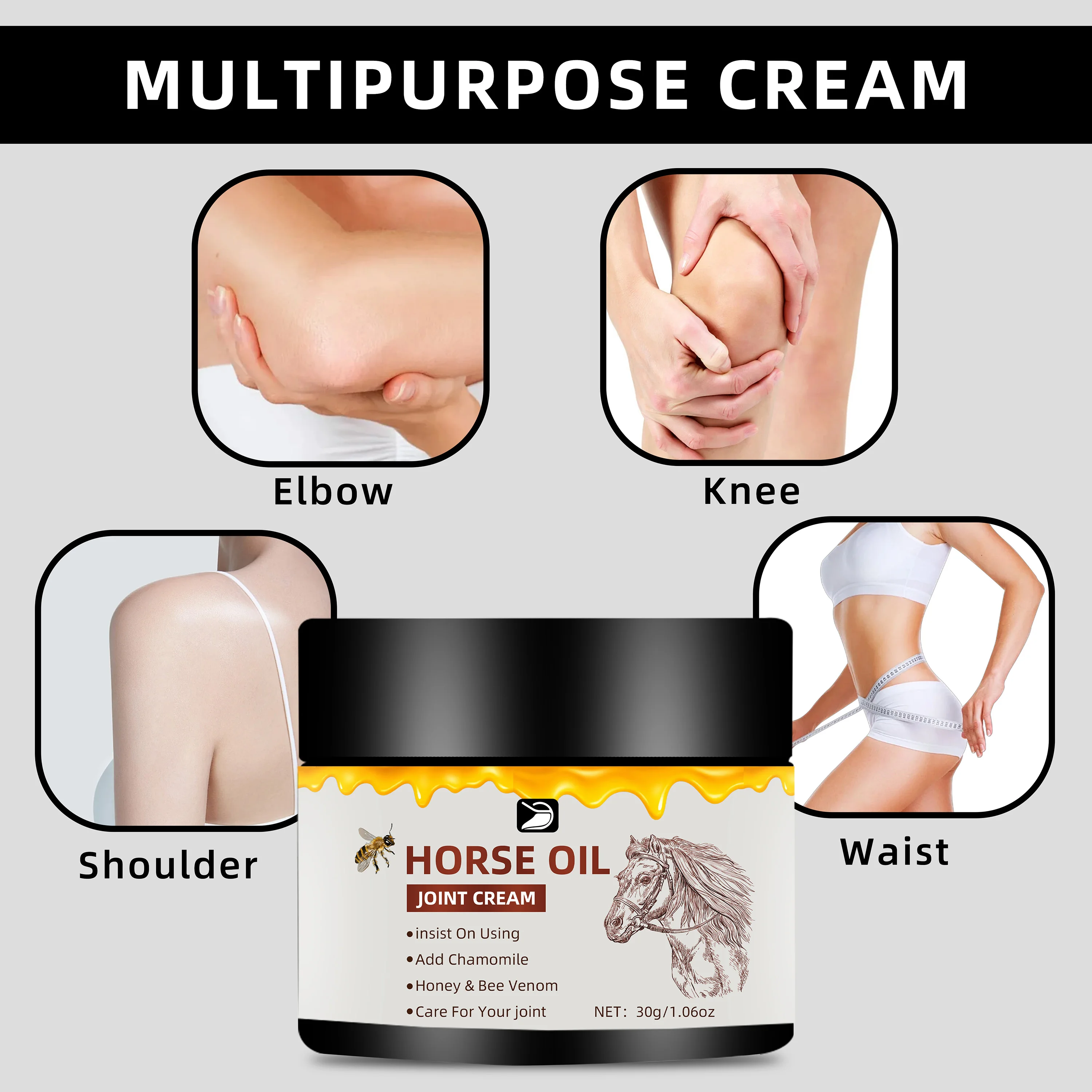 Horse Oil Joint Cream - Fast Absorbing, Non-Greasy Moisturizer for Elbows, Knees & Joints. Fragrance-Free, All Skin Types. 30g/5 - immagine 3