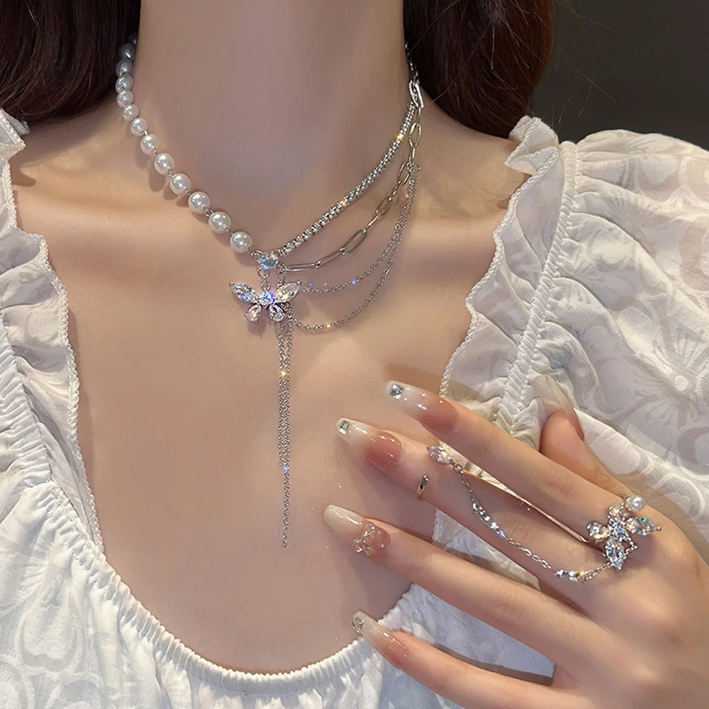 Women jewelry pearl zircon butterfly tassel pendant necklace Y2k crystal heart choker