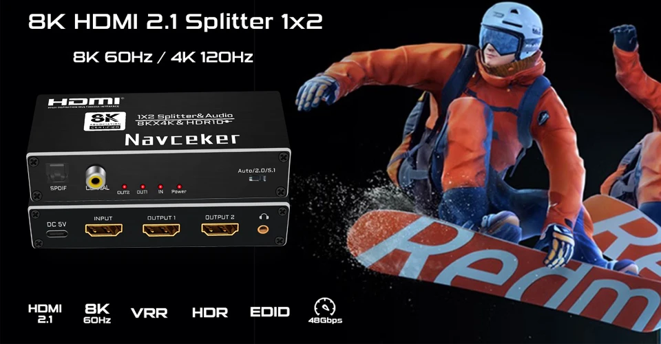 8K HDMI Splitter 1x2 4K 240Hz 1 in 2 out HDMI Audio Extractor HDMI to Optical Co