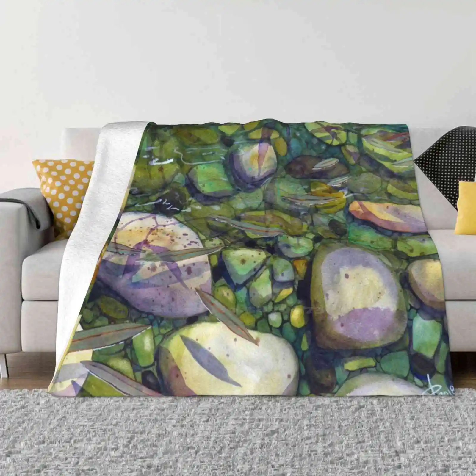 

Fresh Creative Design Comfortable Warm Flannel Blanket Contemporary Nature Watercolour Rocks Pebbles Green Purple Rivers Streams