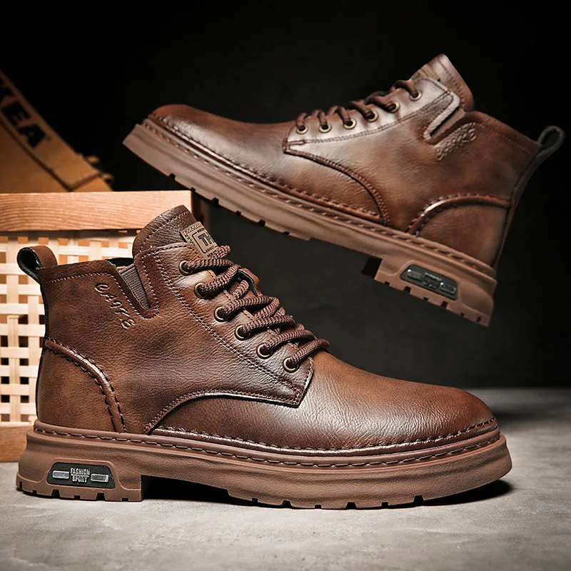 

Genuine Leather Men's Boots High Top Leather Work Shoes Anti Slip Bota Coturno Masculino Bottes Hommes En Cuir Botas De Hombre