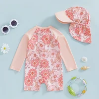 Tregren-Maillot de bain à manches longues pour fille, imprimé floral/flamant rose, demi-fermeture éclair, protection anti-éruption avec chapeau de soleil, vêtements de plage pour bébé 5