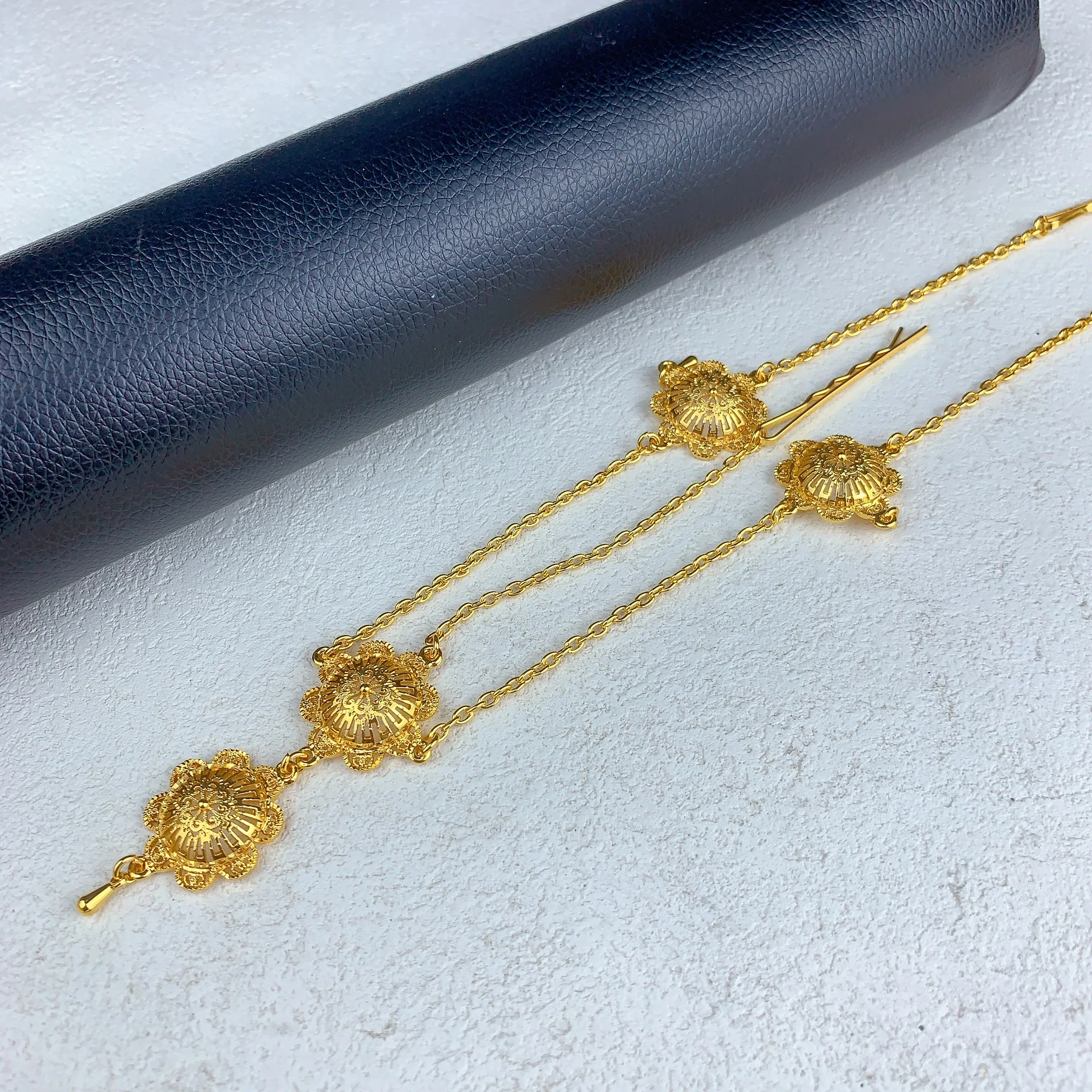 Äthiopisches 24k Goldfarbenes 6-teiliges Schmuckset für Damen, luxuriöses Dubai-Schmuckset mit großen Blumenformen, nigerianische Halskette, Geschenkset – Detail 3