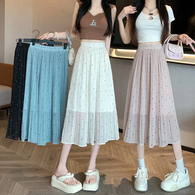 

Summer Polka Dot Pleated Skirt Women Elastic High Waist Drape Long Skirts Korean Casual Chiffon All Match Beach Clothes 2023 New