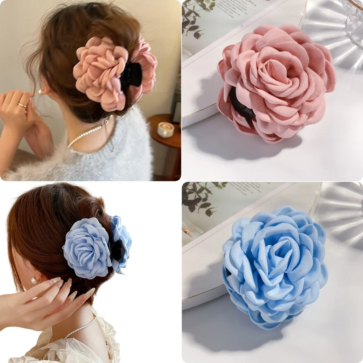 Vibrant Cotton Rose Flower Hair Claw Clips - Medium Size Shark Clamp