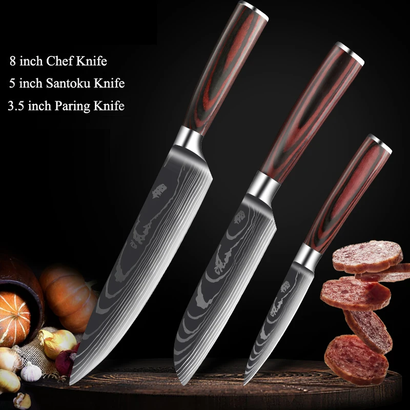 Chef Knife Set 7CR17MOV Stainless Steel Laser Damascus Pattern Japanese Kitchen Cleaver Utility Slicing Santoku Knife with Cover 