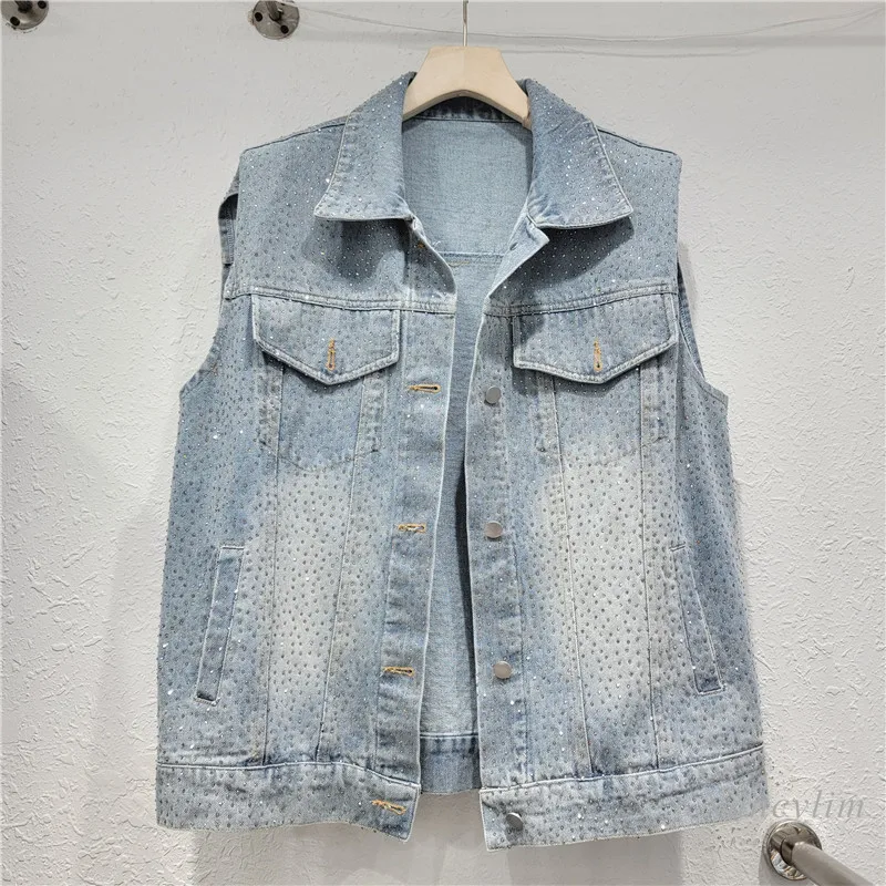 American Casual Style Heavy Industry Light Diamond Denim Vest for Women 2024 Spring Summer New Youthful-Looking Sleeveless Top