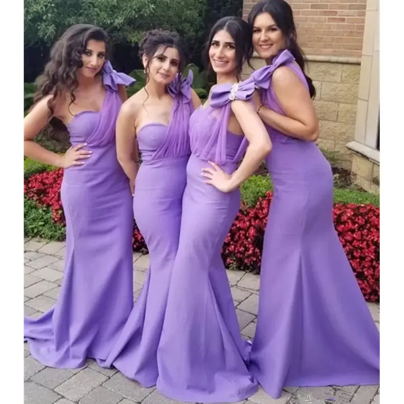 

Lavender Mermaid Bridesmaid Dresses One Shoulder Beaded Trumpet Wedding Guest Dress Sweep Train Satin Maid Of Honor Gown