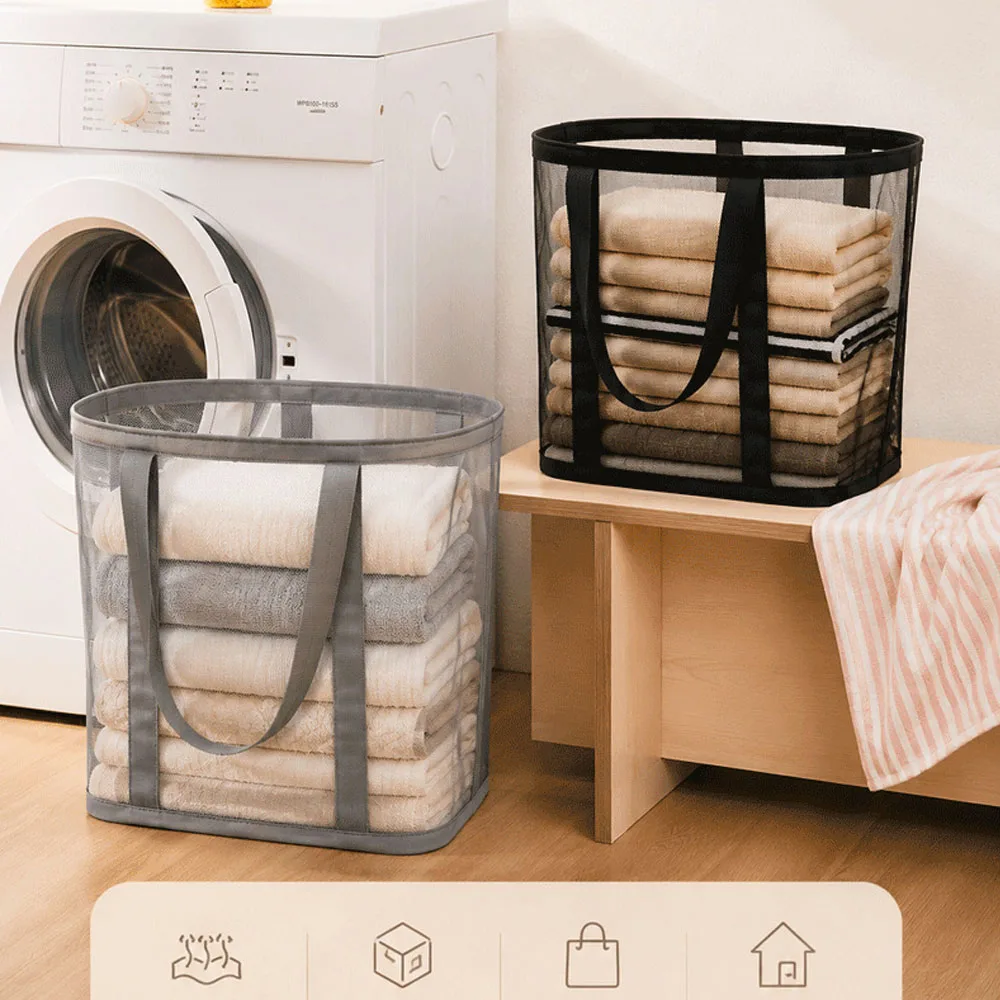 Foldable Mesh Laundry Basket with Reinforced Handle - Large Capacity Multi-Functional Storage Organizer