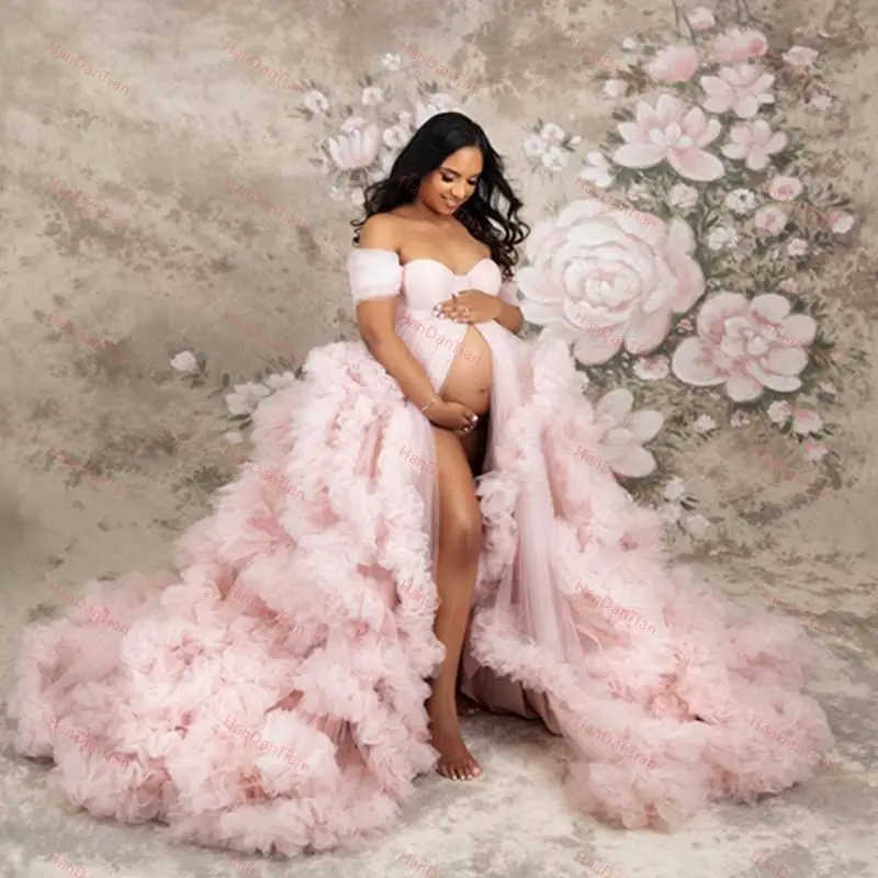 Women's Tulle Maternity Gown for Photoshoot Sheer Ruffled Babyshower Bridal Lingerie Bathgown